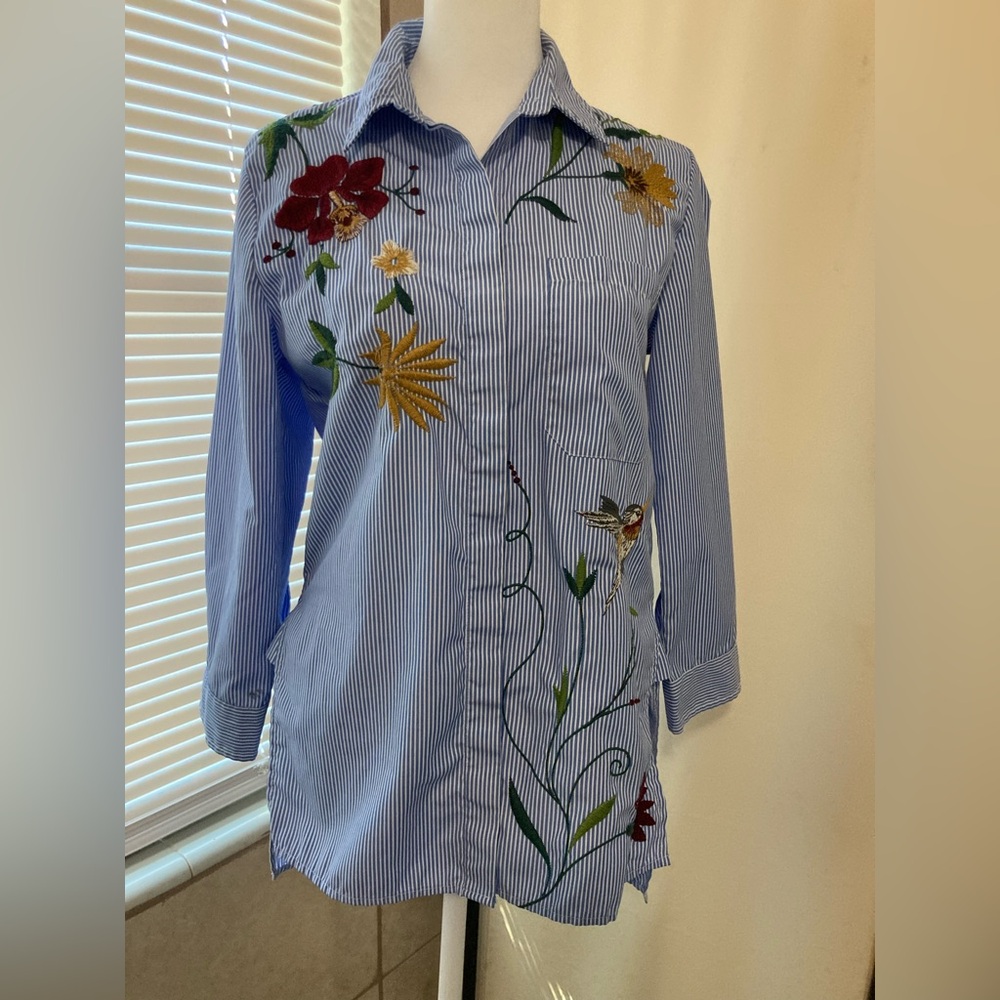Zara Blue Striped Top with Floral Embroidery